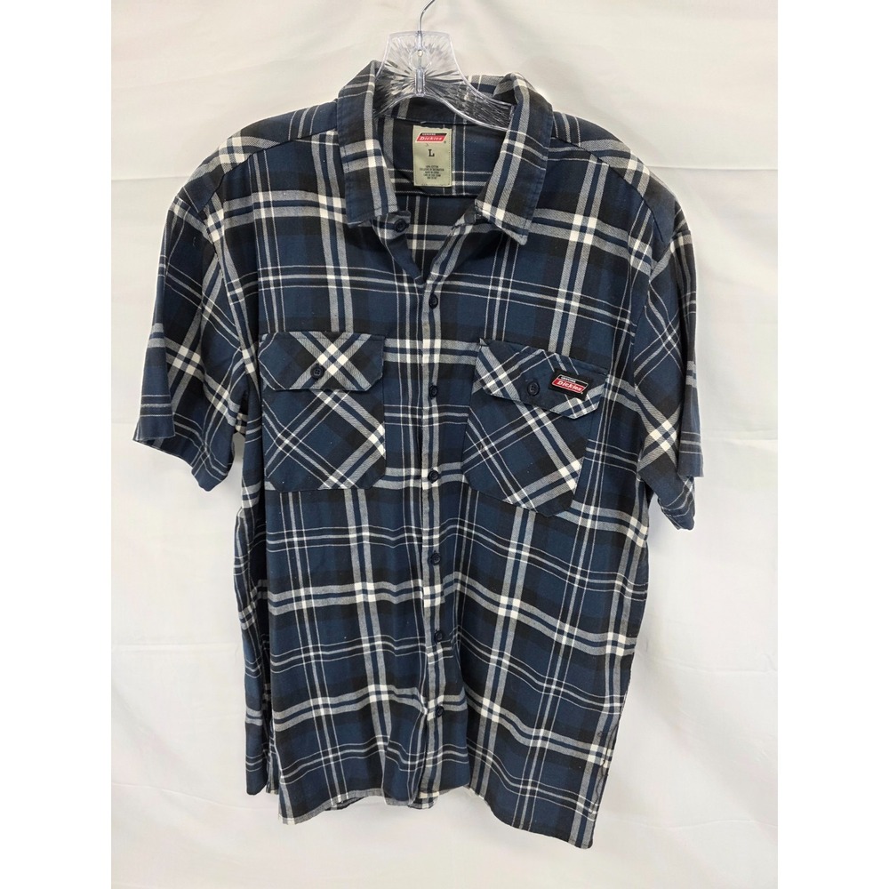 Genuine Dickies Mens Large Short Sleeve Plaid‎ Button Down Shirt Navy Blue Black